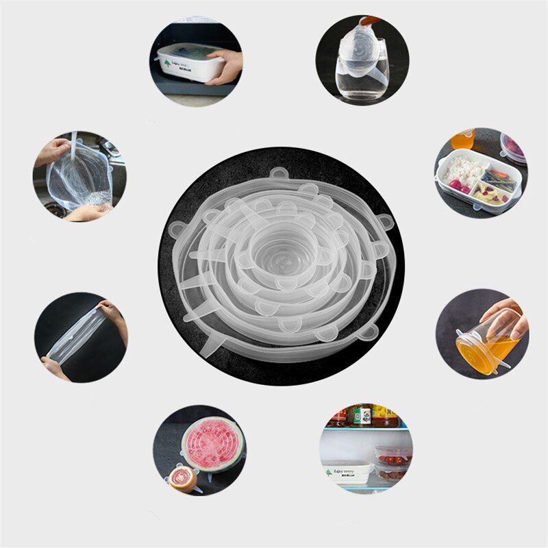 6Pcs Silicone Cover Stretch Lids Reusable Airtight Food Wrap Covers Keeping Fresh Seal Bowl Stretchy Wrap Cover Kitchen Cookware