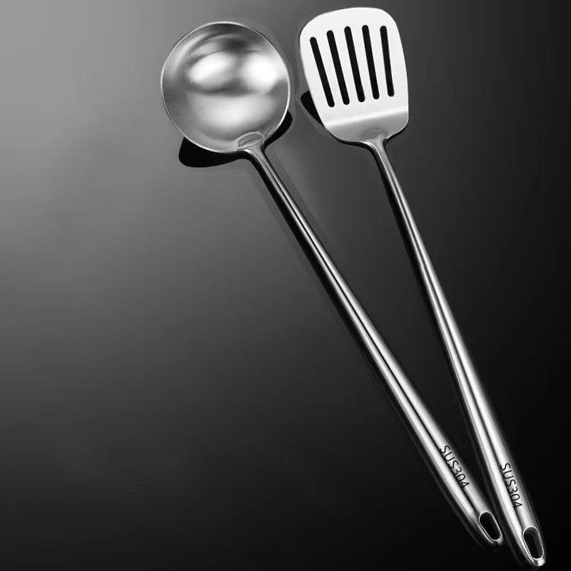 304 Stainless Steel Wok Spatula Metal Kitchen Accessories Slotted Turner Rice Spoon Ladle Cooking Tools Utensil Set: Dark Grey