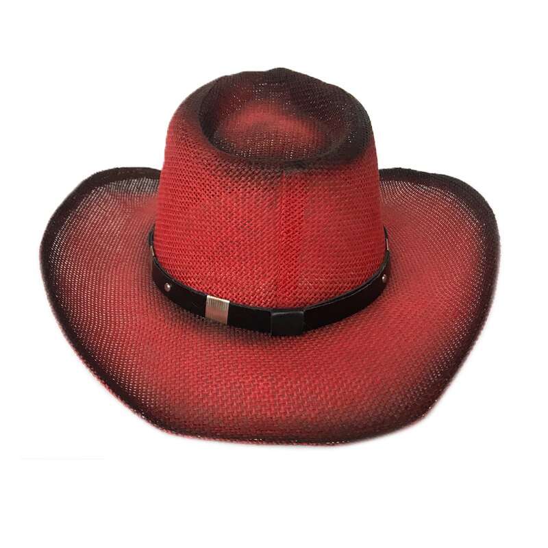 YY Red Cowboy Cap With Wide Brim Men Summer Passionate Sunhats Women Punk Jazz Hat Hollow Breathable Beach Cap CM19015