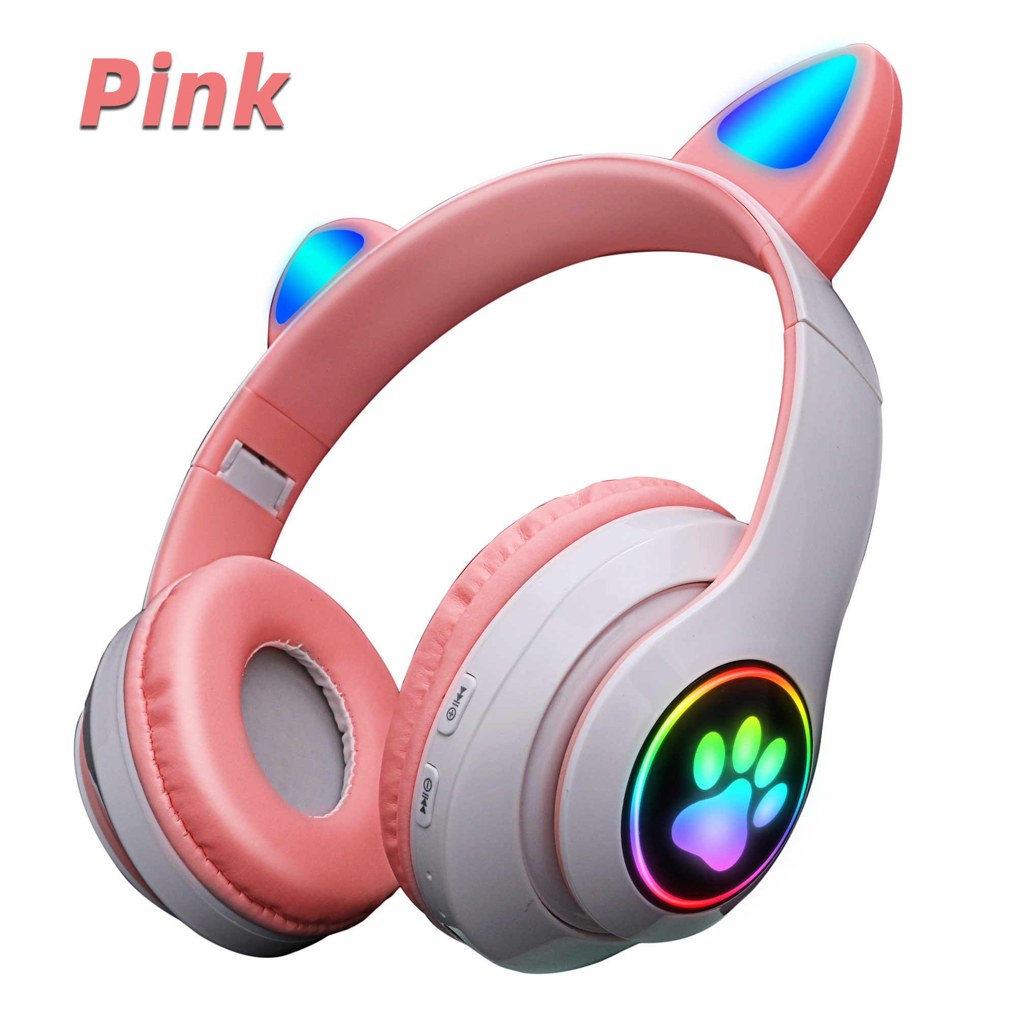 Różowe słodkie kocie uszy bezprzewodowe słuchawki zestaw słuchawkowy zgodny z Bluetooth Stereofoniczne składane słuchawki z mikrofonem muzyka prezent dla dziewczynki: Różowy