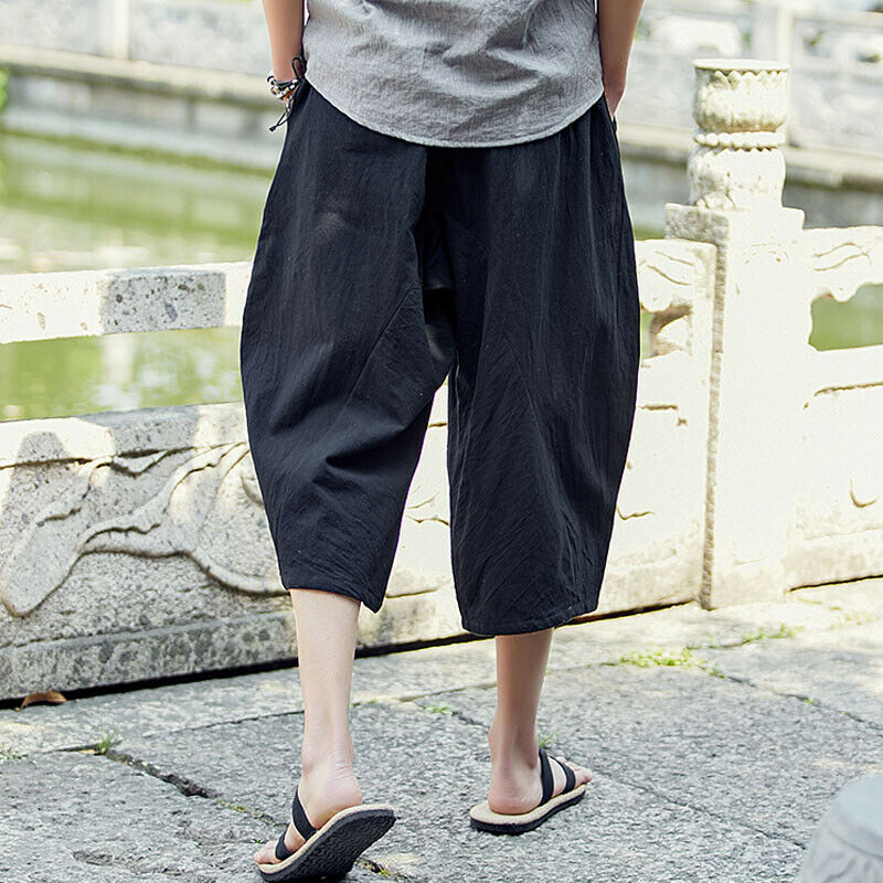 Sommer menn fritids sport cargo overall bukser joggebukser cropped legglengde løs linbukser med elastisk midje