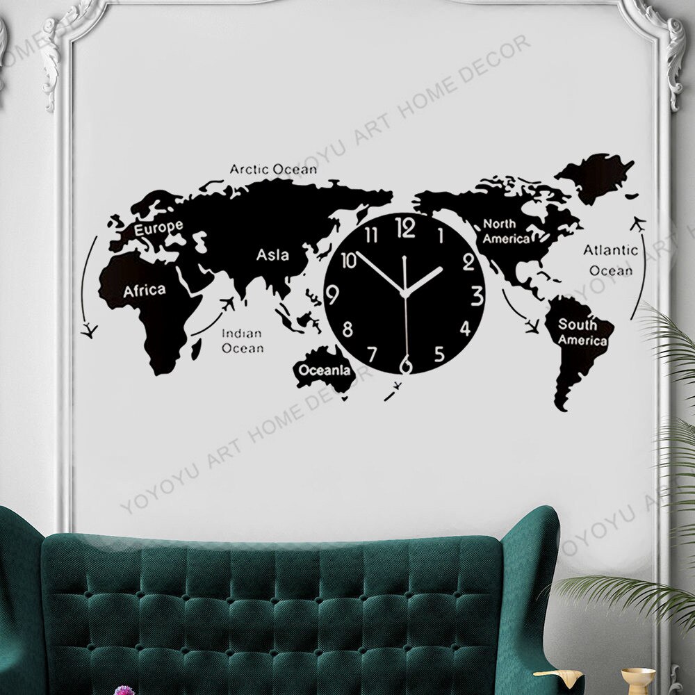 Unique Acrylic Wall Clock World Map Wall Hanging Clock For Office Home Living Room Wall Art Home Decorations JC280