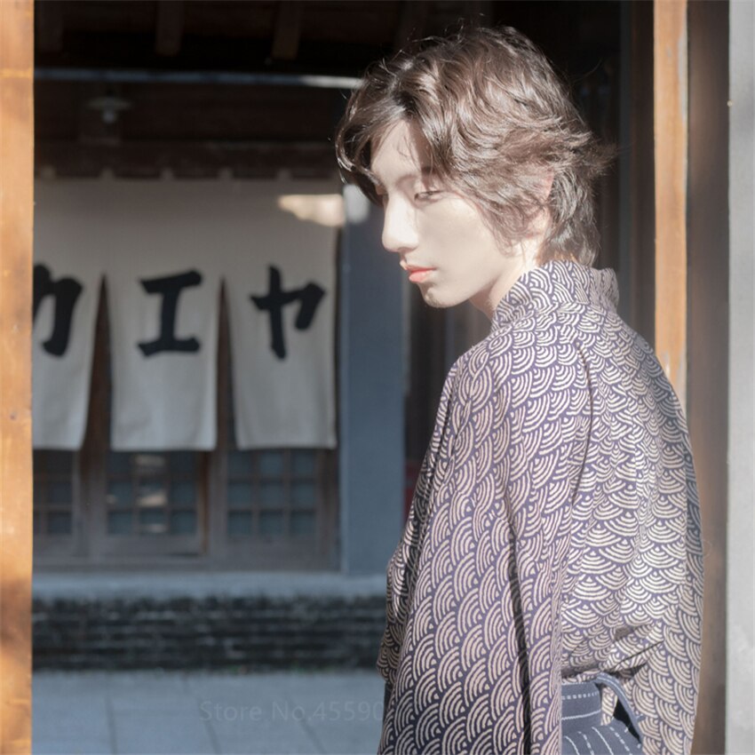 Kimono de estilo japonés para Hombre Ropa de estar por casa con estampado de lingote, larga ropa de dormir, pijamas Haori, cárdigan Vintage informal, albornoz