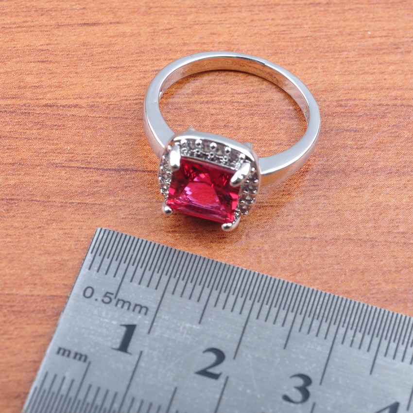 Klassieke Vierkante Rose Rode Zirconia Sieraden Sets Vrouwen Oorbellen Ketting Hanger Ring Armbanden JS0423