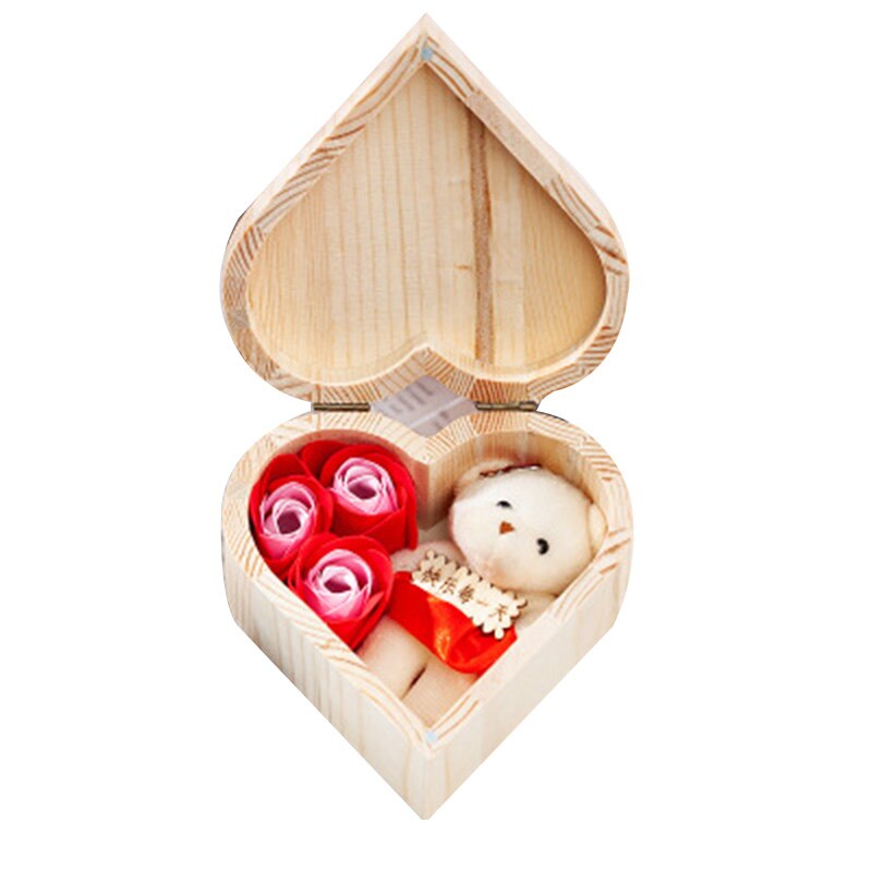 Hjerteformet trææske sæbeblomst smykkeskrin håndlavet udødelig blomst til valentinsdag wxv: Rød bjørn