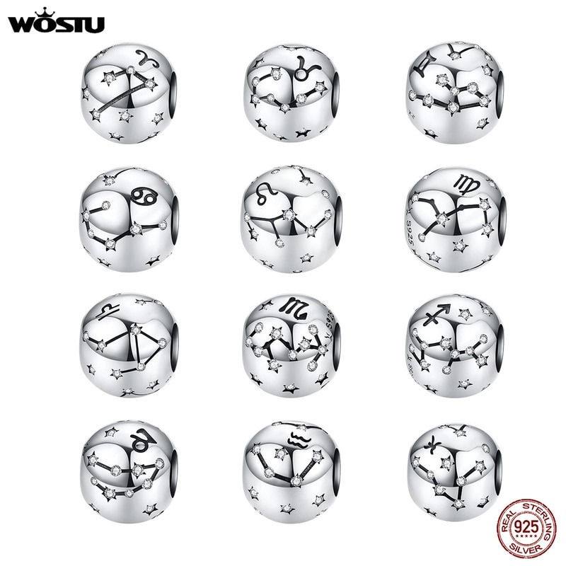 WOSTU 12 Constellation Aries Beads 925 Sterling Silver CZ Charm Fit Original DIY Bracelet Beads For Jewelry Making CQC1218