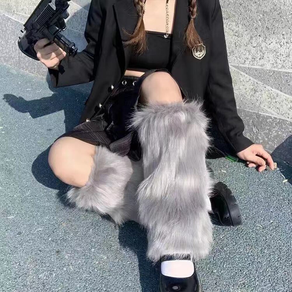 Calentadores de piernas peludos rosas Y2K Punk gótico calentadores de piernas de piel sintética cubiertas de botas señora lindo Jk hasta la rodilla Hipster calcetín cálido calcetines de