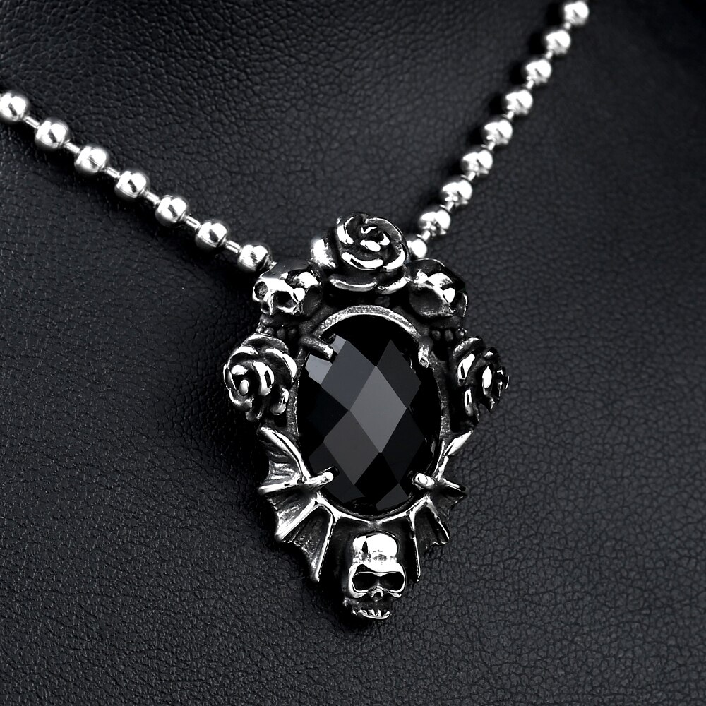 punk Acciaio Inox Cranio Collana Del Pendente Del Fiore con La Pietra Nera Degli Uomini di Modo del regalo Dei Monili della catena