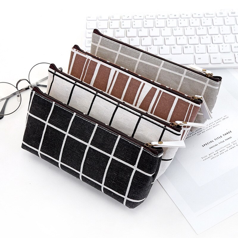 Canvas Pencil Case School Pencil Bag Pencilcase Pen Bag Cute Simple Striped Grid Pencil Box School Tools