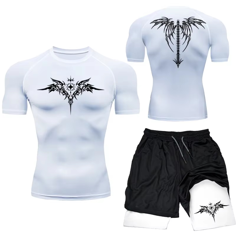 Mma boxningsset sportkläder för män snabbtorkande gymshorts t-shirt löpning träningstight sport rashguard 2 delar dräkt: Xxxl / Vit
