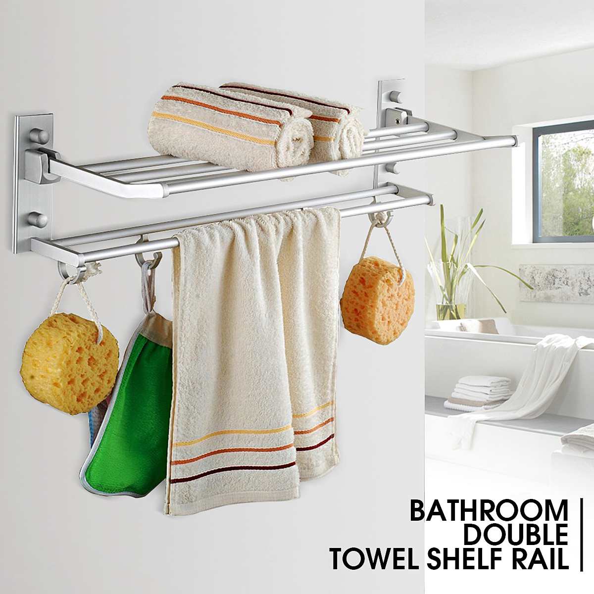 2 Layer Alumimum Foldable Bathroom Towel Rack Holder Wall Mounted Storage Hanger Kitchen Hotel Towel Clothes Shelf With 5 Hooks