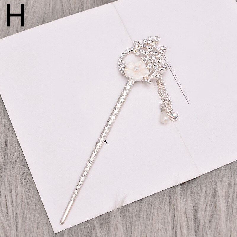 Pałeczki do włosów w stylu chińskim metalowe Rhinestone włosy kij kobiety Tassel kwiat perłowy chluba szpilka akcesoria biżuteria do włosów: H