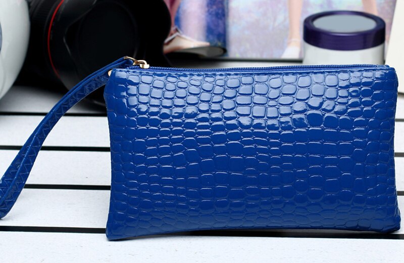 Kvindelig pu møntpung krokodille mønster kobling taske tegnebog med lynlås mobiltelefon håndtaske enkel solid for kvinder: Blå