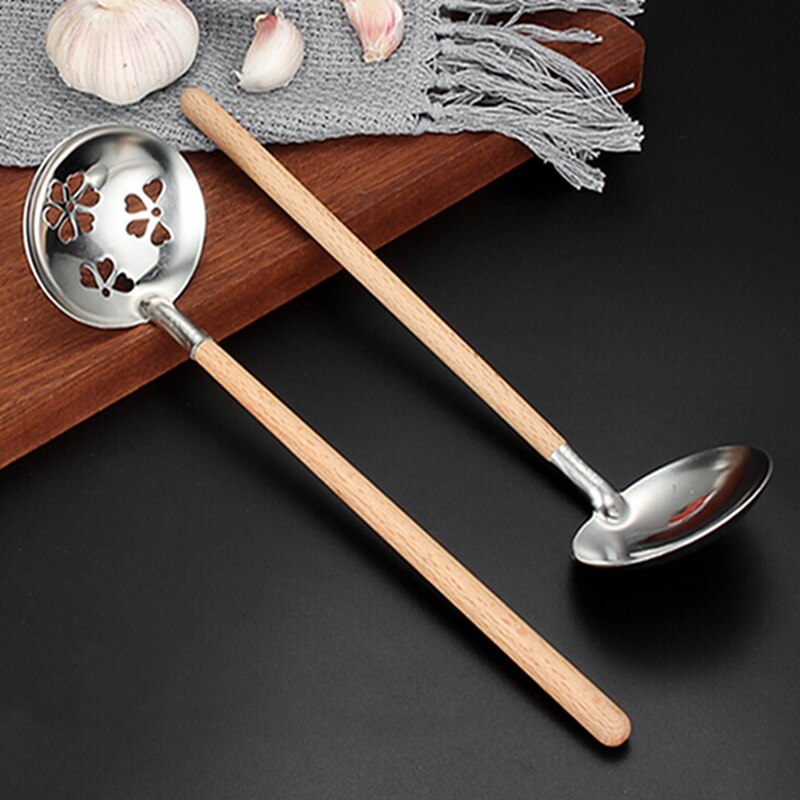 Wooden Handle Wok Spatula 304 Stainless Steel Spatula Cooking Utensils Spoon Long Handle Large Size Turner Fried Steak Shovel