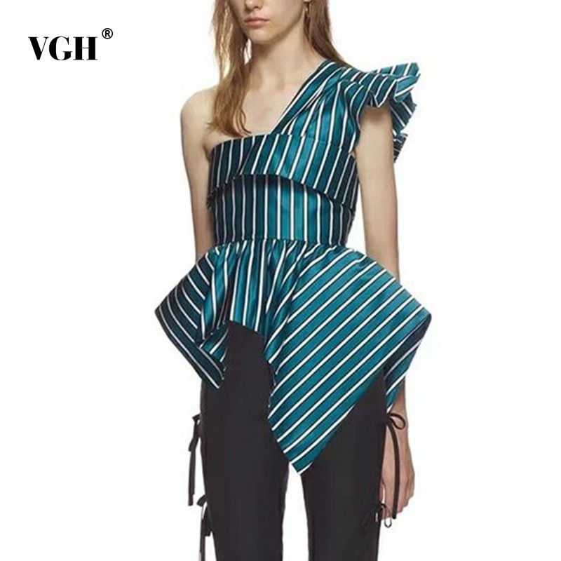 Vgh Lente Onregelmatige Korte Vrouwen Blouse Mouwloze Skew Kraag Vlinder Zoom Terug Rits Vrouwelijke Overhemd