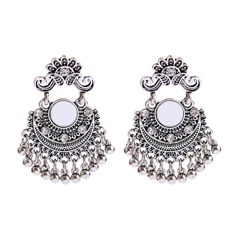 Ethnic Silver Color Gypsy Indian Earrings For Women Boho Jewelry Beads Bell Tassel Jhumka Earrings Ladies Retro Earrings: EY027-2