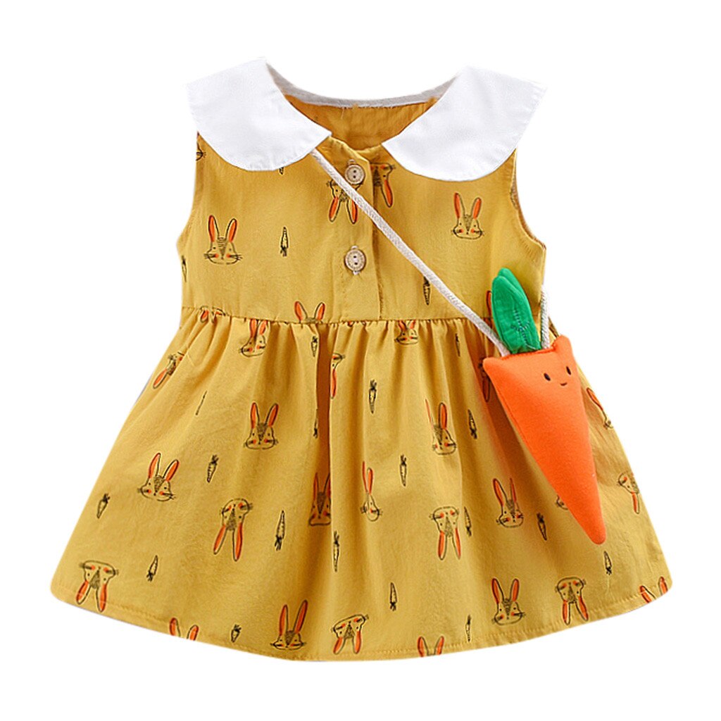 Peuter Meisjes Jurk Kid Baby Zomer Jurken Cartoon Konijn Print Mouwloze Jurk + Wortel Satchel Party Prinses Jurk Kleding: YELLOW / 18m