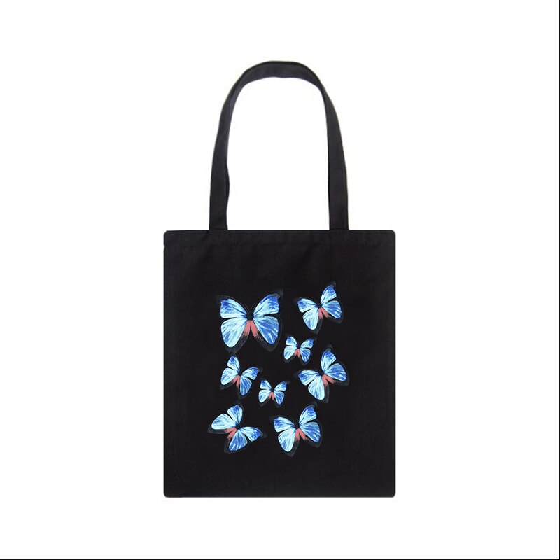 Canvas Umhängetasche - Cartoon Schmetterlingsdruck - Casual Tote - Große Kapazität - Vintage Chic - ZSIIBO: Schwarz