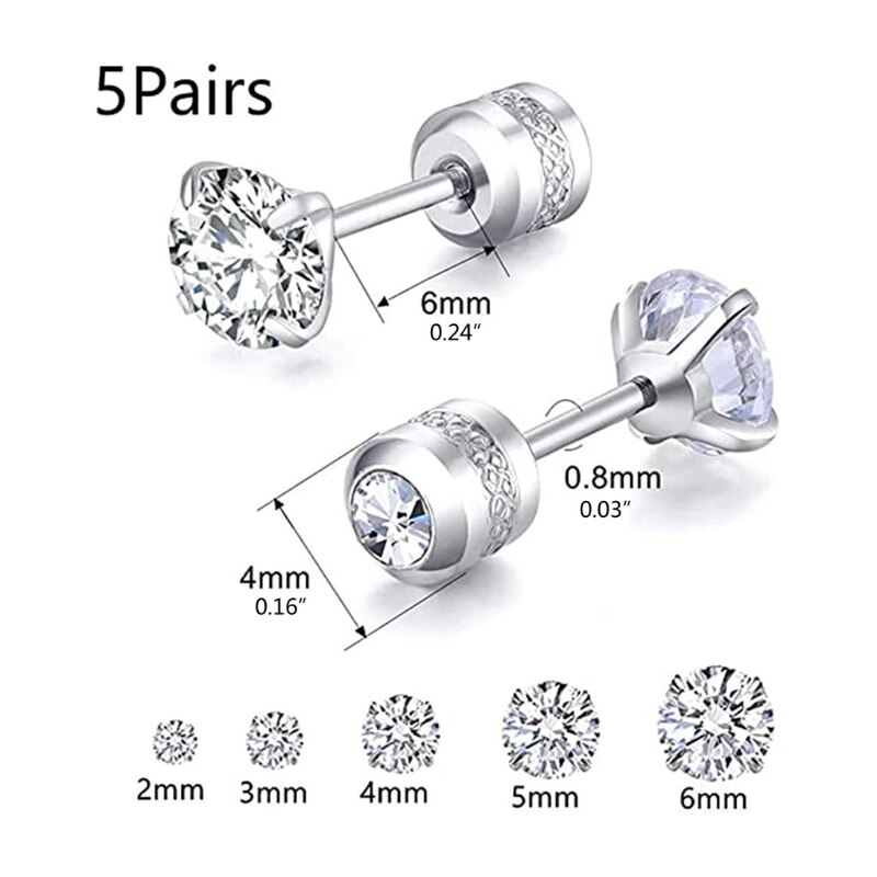 5 Pairs Rvs Cubic Zirconia Stud Oorbellen Set Voor Hypoallergeen Multi-Piercing Oren Van Mannen Vrouwen Jongens Meisjes