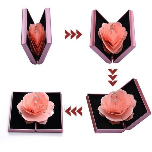 Mooie 3D Pop Up Rose Ring Box Bruiloft Engagement Sieraden Opslag Rechthoekige Voorstel Roterende Rose Flower Ring Box