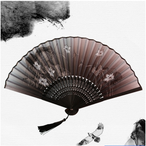 Abanico plegable de mano de seda con estampado de estilo japonés chino tradicional, borla de mango de madera, de boda , decoración del hogar: violet