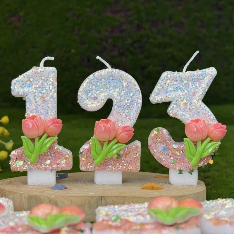 Pink Glitter Tulip Flower Candles for Birthday Party Anniversary Cake Decoration Atmosphere Decoration Photography Props