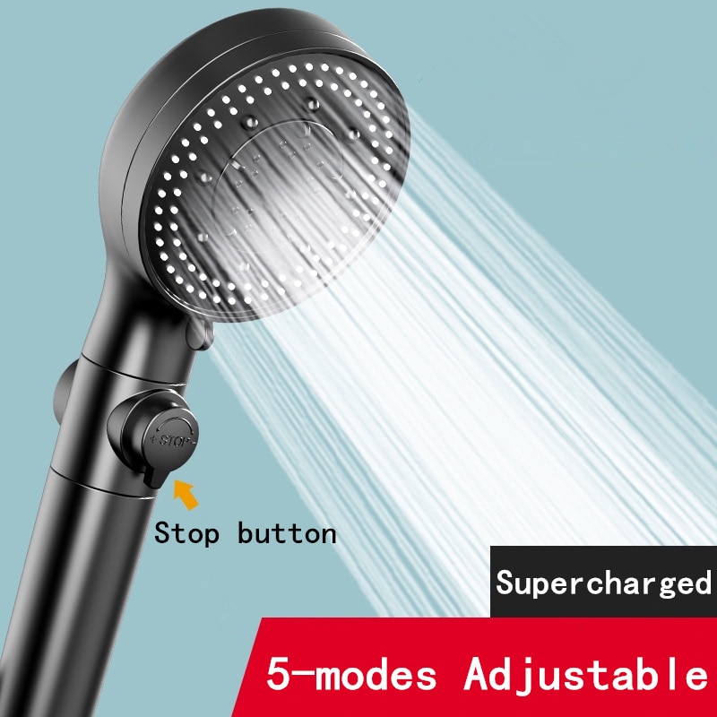 high pressure black shower head 5 functions with switch on/off button spray Water Saving Shower Adjustable Bath shower