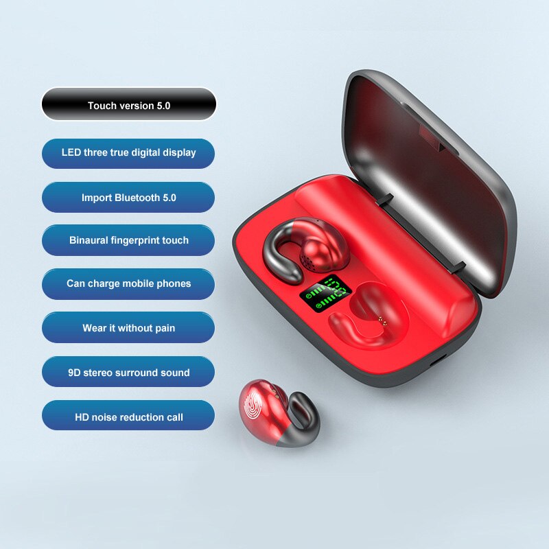 Bone Conduction Wireless Headphones Bluetooth 5.0 Earphone With Charging Case 2200mAh Wireless Sports Music Earbuds Head: Red