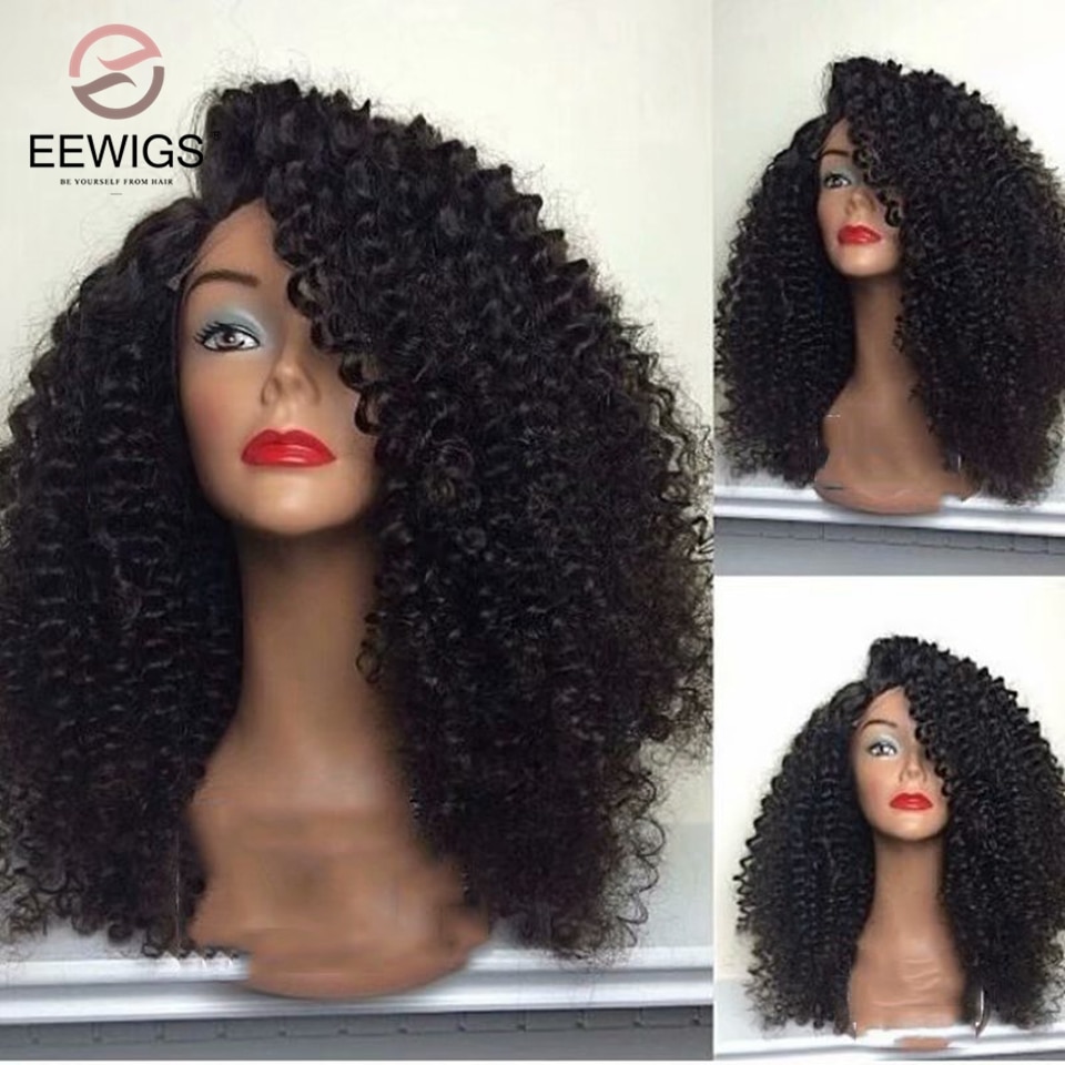 EEWIGS Long Black Curly Wig 180% Density Synthetic Lace Front Wig With Natural Hairline Heat Resistant Afro Wigs For Black Women