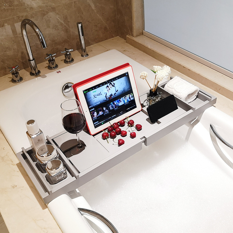 Bamboo Bathtub Tray Bathroom Shelf Accessories Extendable Bath Tray Adjustable Wine Rack Tablet Book Organizer Serving Tray