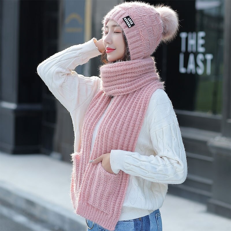 Otoño Invierno sombreros de mujer sombreros de de bufanda tejida dos piezas mujeres Gorros Casual Cap Scarf Chapeu Feminino Bonet