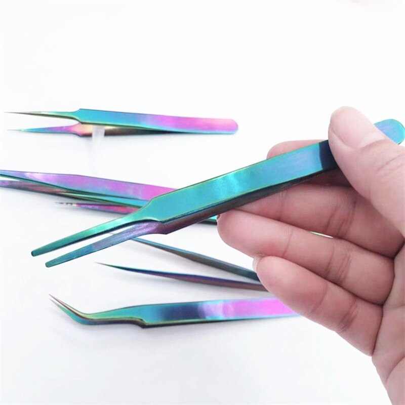 Rainb-Pinzas de acero inoxidable para extensión de pestañas, pinzas para cejas, cortapelos de Clavo recto, color bozal Curvo