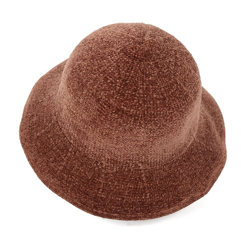 Vinter bred birm varm pels spandhue kvinder koreansk vintage filt chenille foldbar kuppel panama trilby hat sort fiskeri hat: Brun