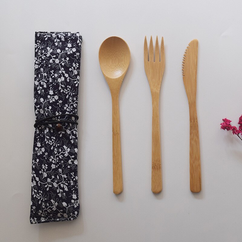 Bærbart træbestikssæt træbestik knive gafler skeer spisepinde rejser spisestue dragt miljømæssigt med taske: Mørkeblå