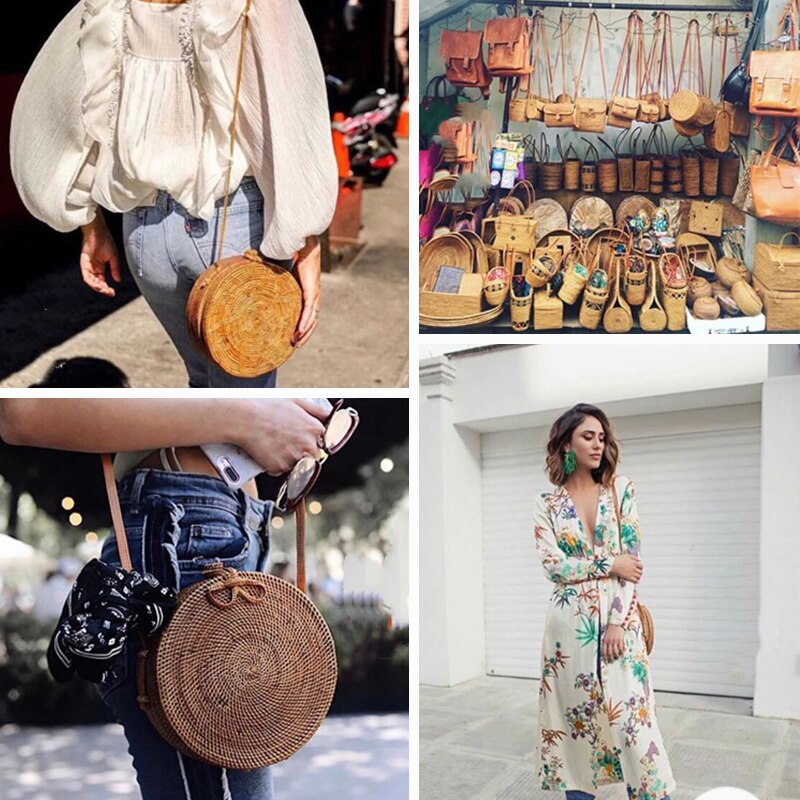 Stroh Strand Tasche Handarbeit Gewebt Runde Rattan Tasche Mit flechten aufbringen Frauen Sommer Bali Böhmen Schulter Tasche Handtaschen