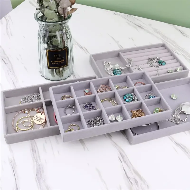 Fluwelen Sieraden Opbergdoos Ketting Stapelbaar Display Lade Armband Oorbel Organisatoren Diy Handwerk Lade Box Grey