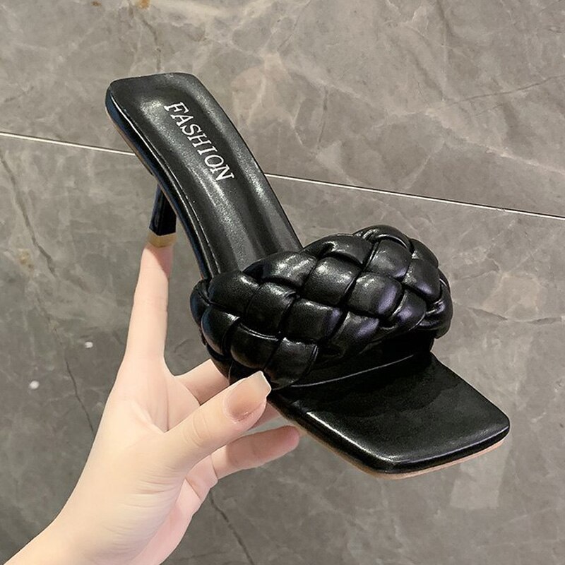 Dames Dunne Hakken Slippers Dames Zomer Slippers Pu Leer Vrouwelijke Waterdichte Mid Hakken Schoenen Vrouw Vierkante Teen Schoen