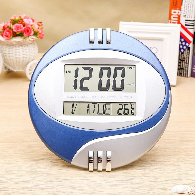 Number Display LED Electronic Wall Clock Snooze Table Clock Mute Bracket Clock Round LCD with Calendar Temperature