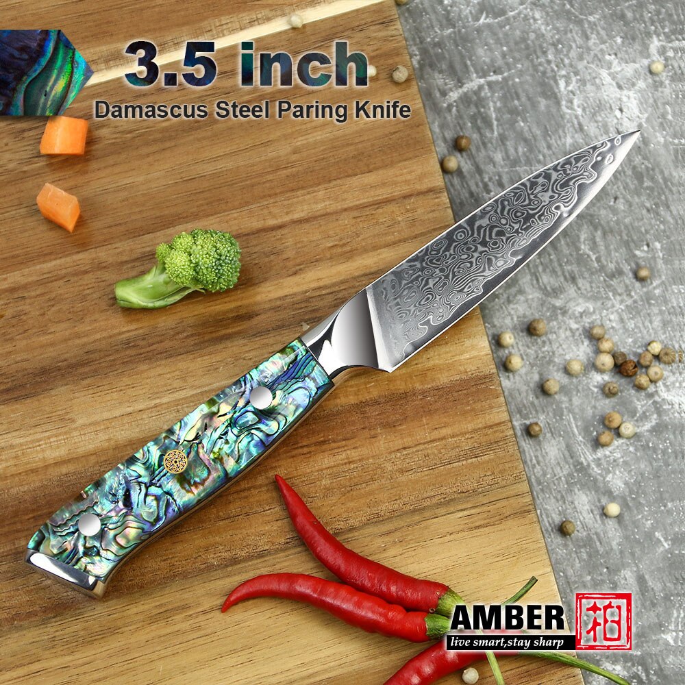 Amber Damascus Mes Professionele Keuken Chef Utility Santoku Steak Uitbenen Cleaver Messen Japanse Mes Abalone Shell Handvat: Paring