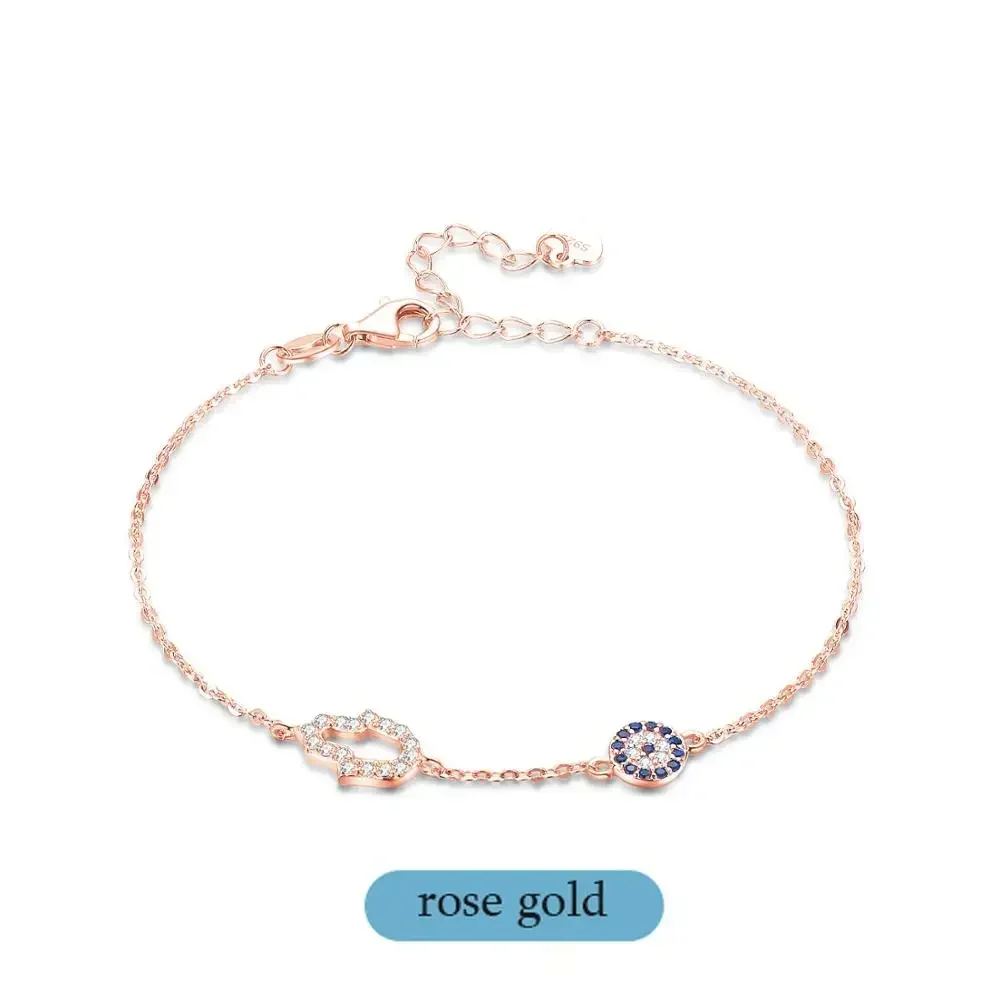 TONGZHE – Bracelet main mauvais œil Hamsa en argent Sterling 925 pour femme, bijoux turcs, bleu porte-bonheur: Rose Gold Color