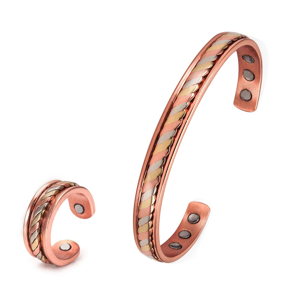 Jewelry-Set Magnetic Copper Bracelet Ring Healing Energy Jewelry Sets for Women Rose Gold Adjustable Cuff Ring Bracelets Bangles: rose gold color