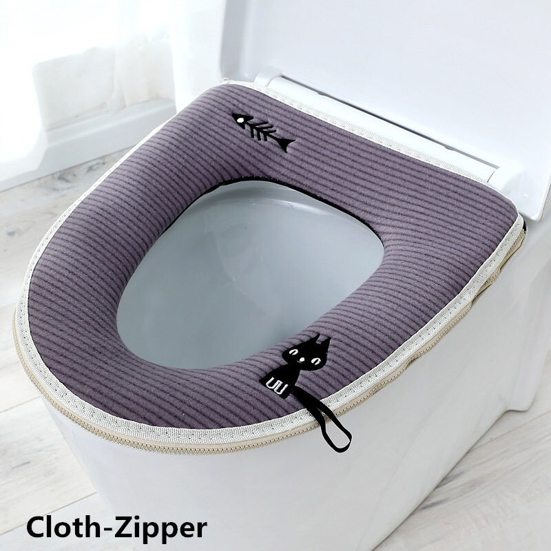 Home Four Seasons Toilet Cover Sitting Washer Washable Zipper Toilet Cover Universal Waterproof And Cute Toilet pad Plush/linen: zipper gray cat
