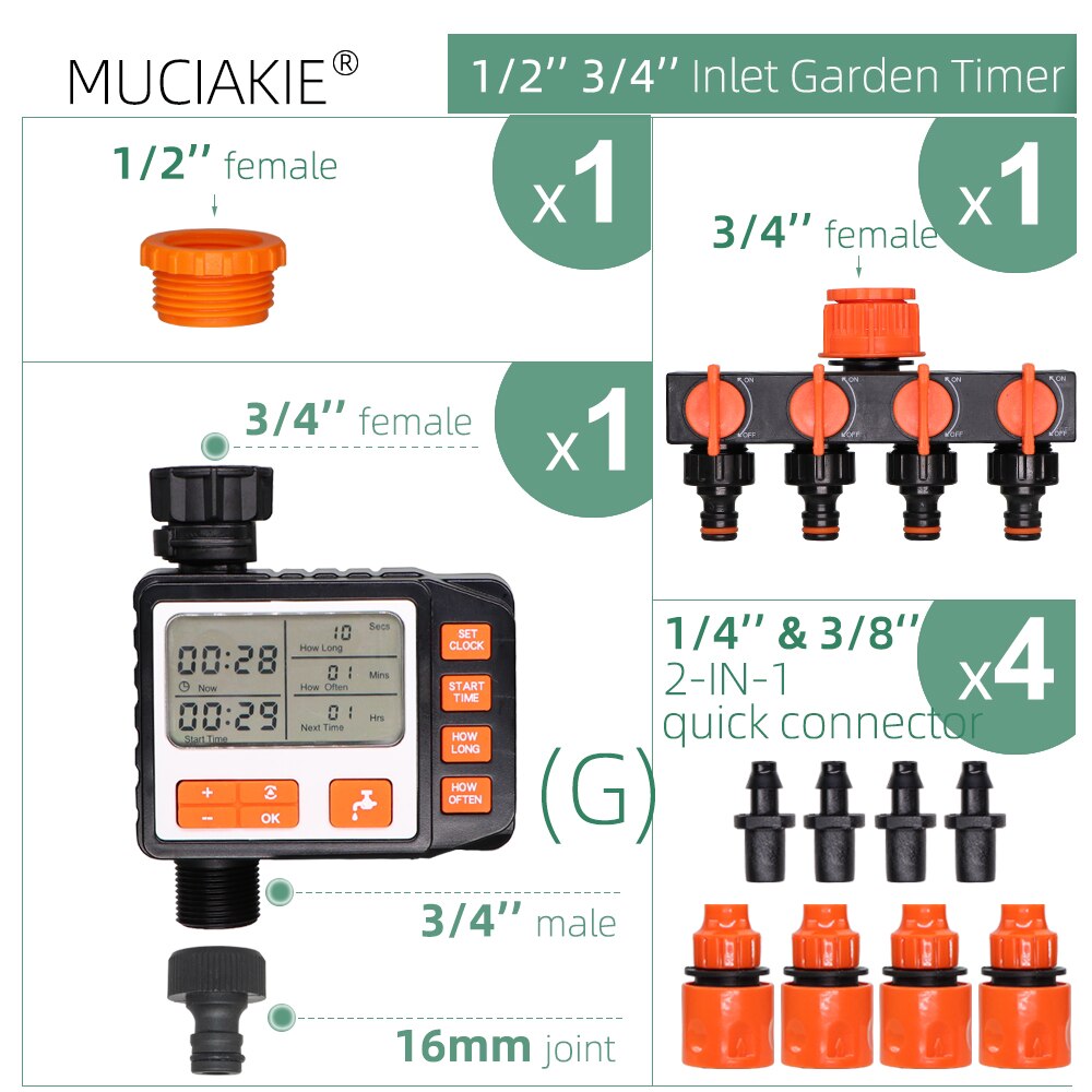 Temporizador de riego por goteo para jardín, controlador Digital programable automático, válvula solenoide, sistema de aspersores para invernadero doméstico: G