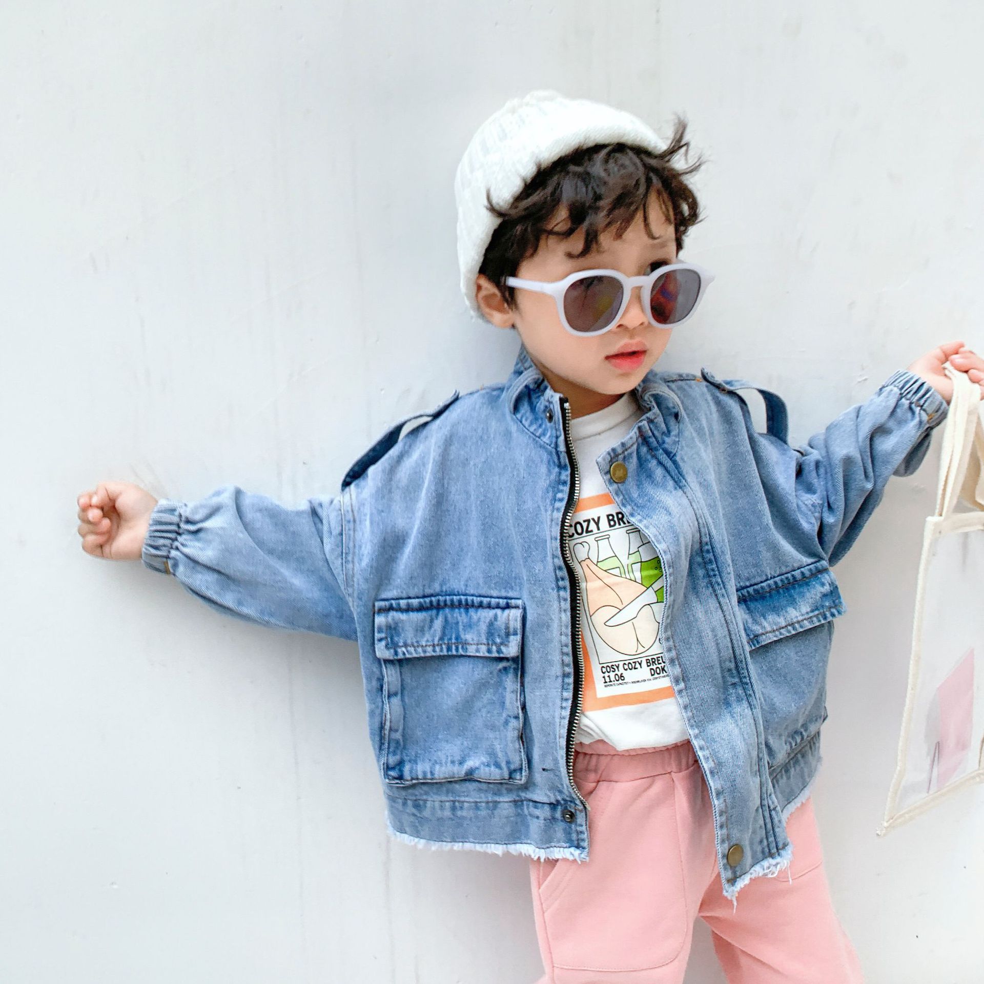 jungen denim jacken Frühling herbst kinder koreanischen stil große taschen stehkragen mäntel outwears