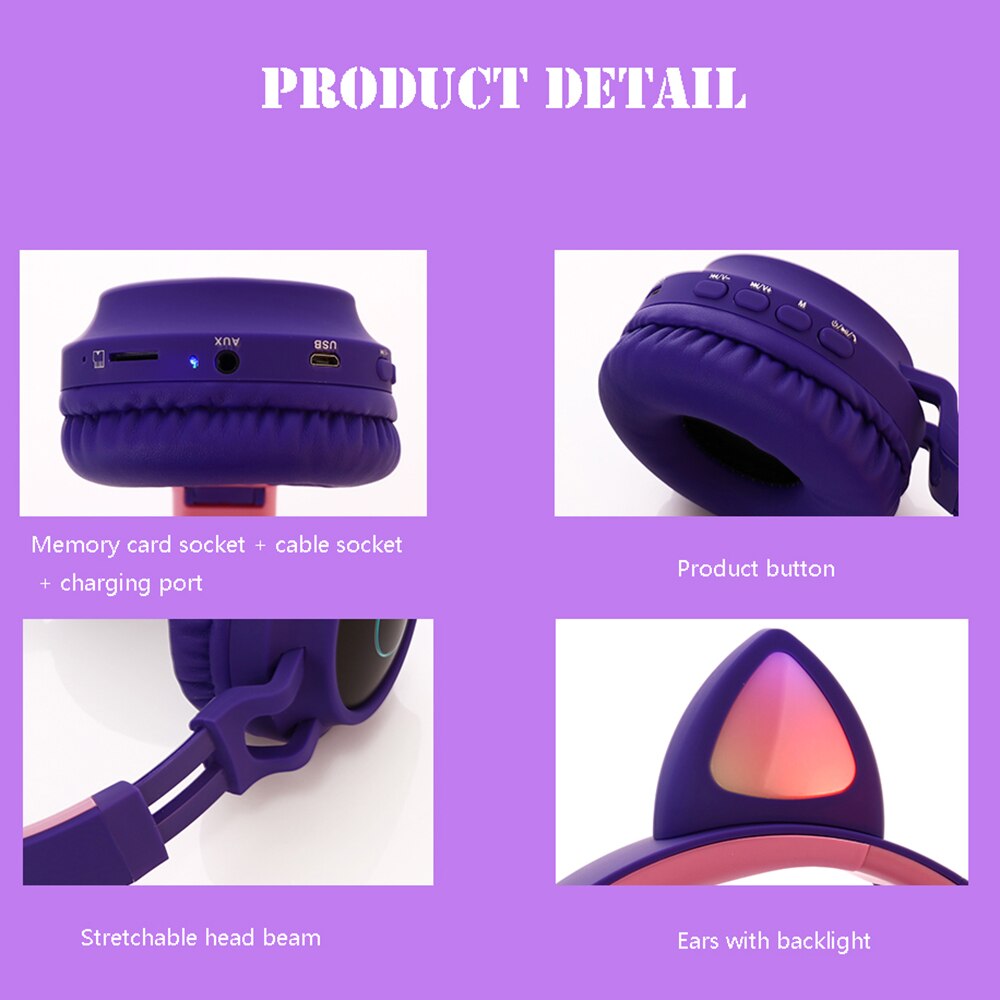 Bluetooth Sans Fil Chat Oreilles Casque Avec Micro, Enfant Mignon Fille Stéréo Musique Casque Pliable CASQUE LED