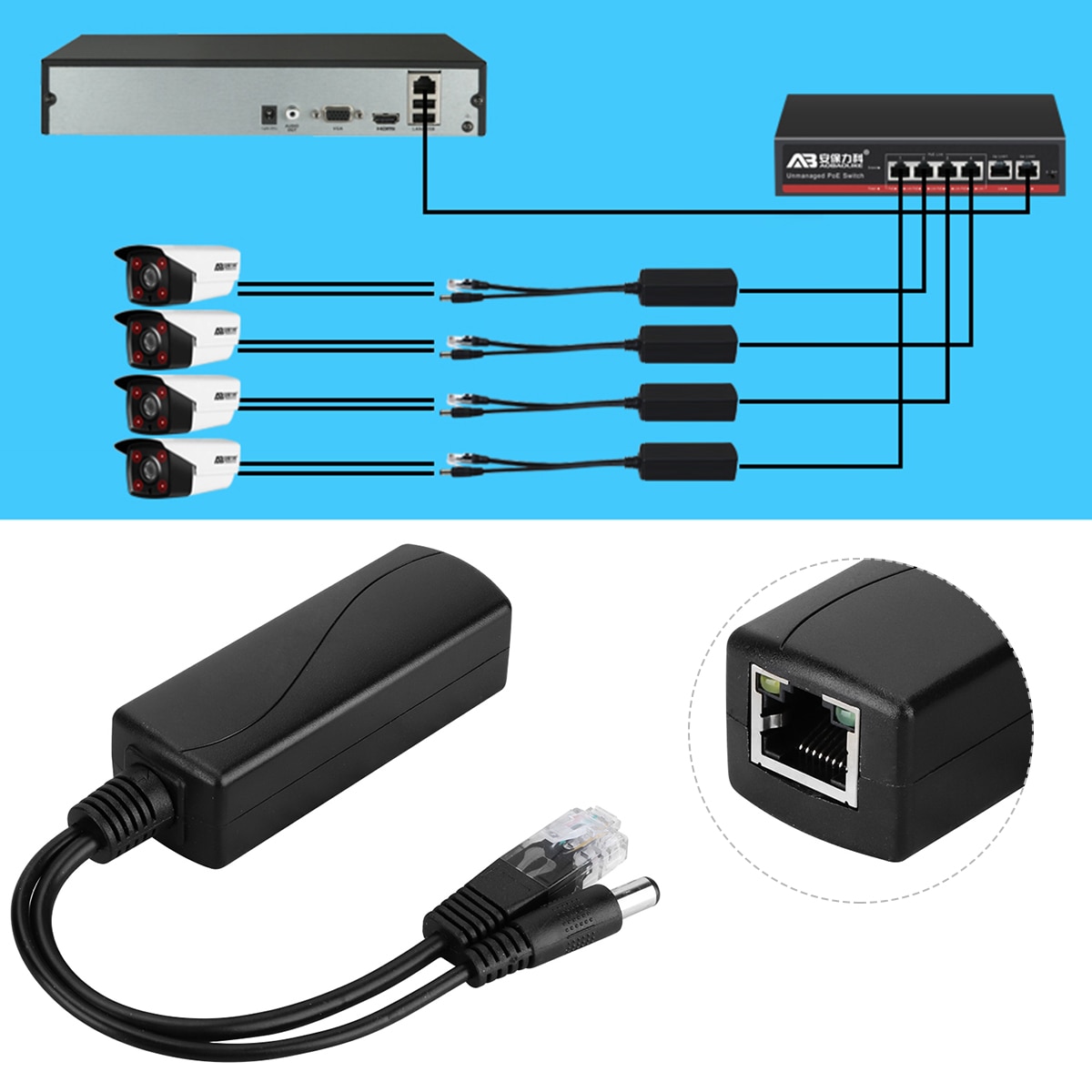 48V Zu 12V POE Anschlüsse Adapter Kabel Splitter Injektor Netzteil POE Splitter Für Hikvision POE Splitter