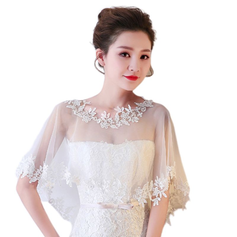 Femmes simple couche pure haut bas mariage châle enveloppement dentelle florale Applique épissage garniture mariée soirée Cape haussement d'épaules Capelet boléro: WHITE