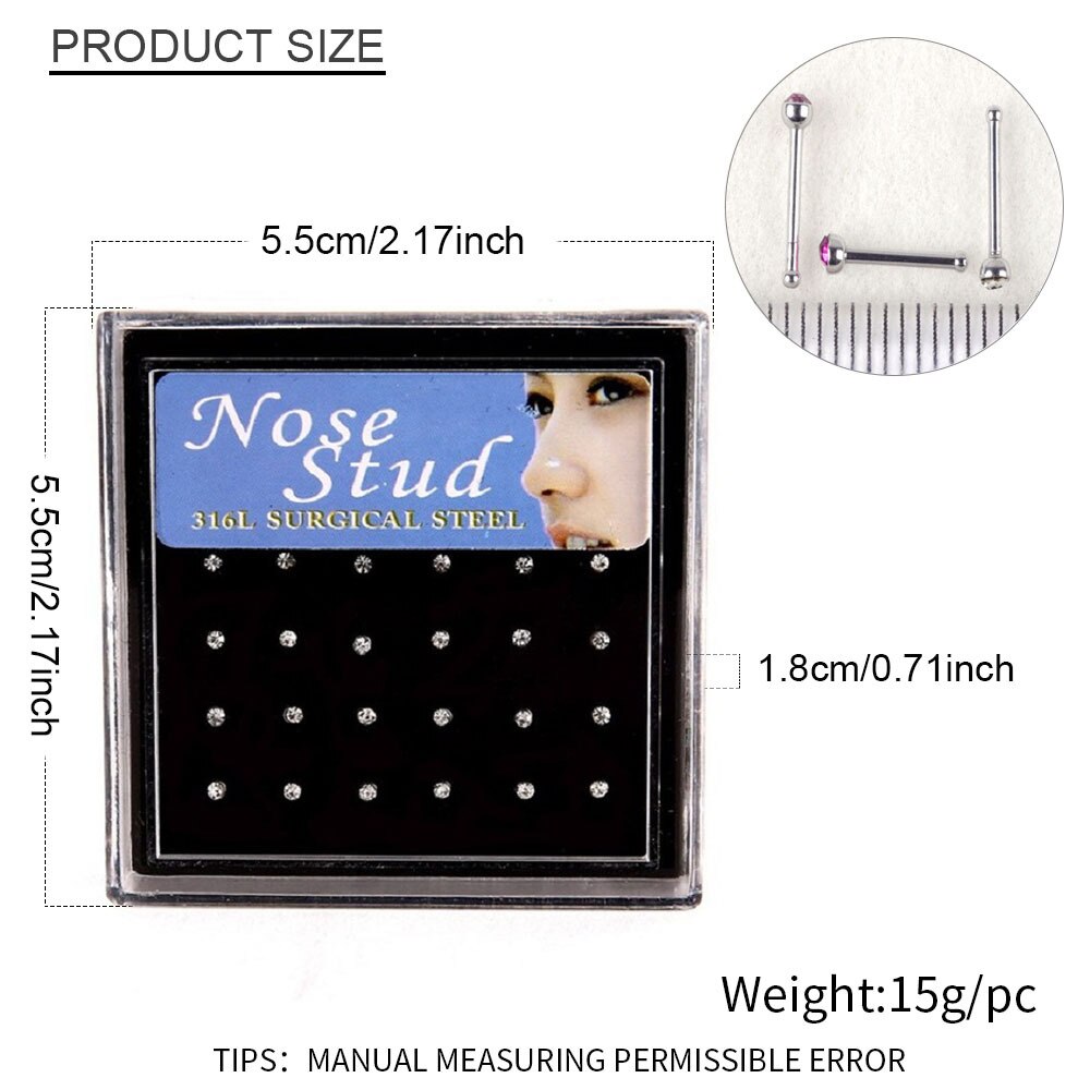 60/24pcs Set di borchie per naso in cristallo in acciaio inossidabile Set di Piercing per naso in acciaio chirurgico per donna