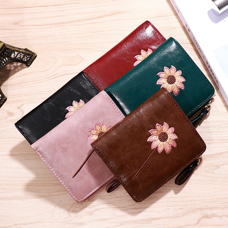 WESTERN AUSPICIOUS Women Wallets Red Green Pink Coffee Black Short Purse PU Card Holder with Fine Embroidery