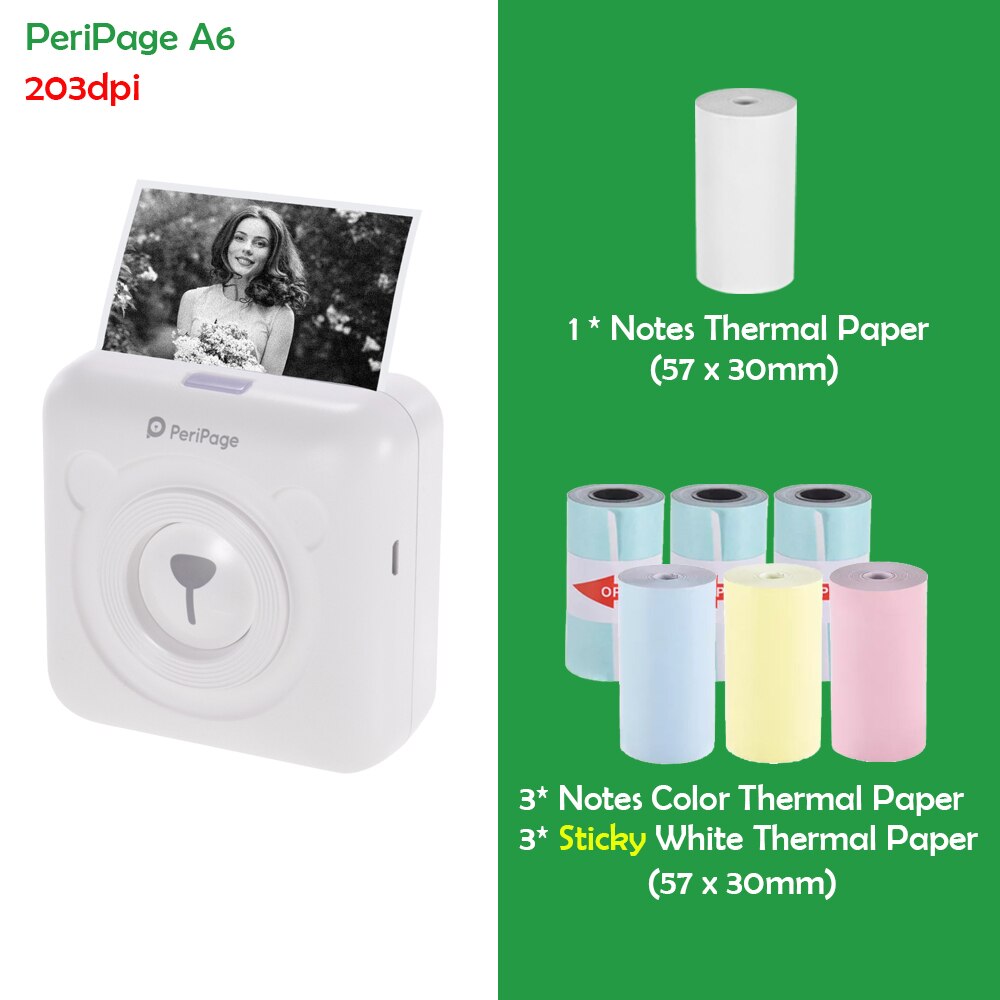 Stampante termica portatile Peripage A6 mini stampante termica tascabile per foto in carta da 203DPI stampante Bluetooth senza fili da 58mm: bianca impostato 4